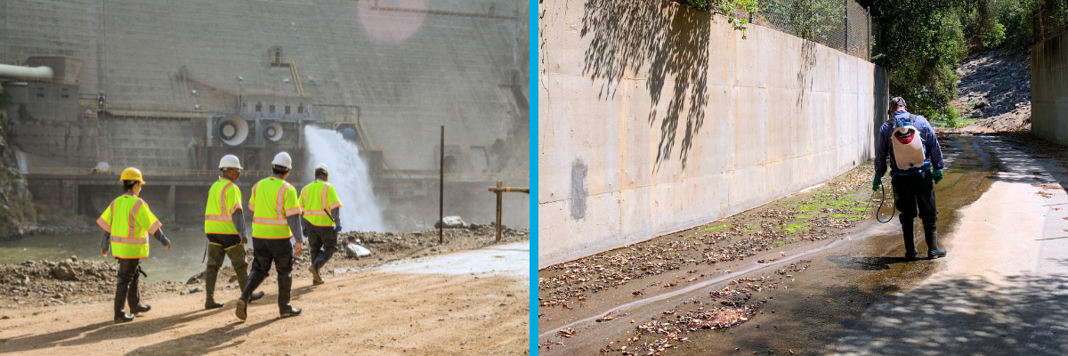 Workers in safety gear near a dam; a person sprays the ground by a wall in a wooded area.