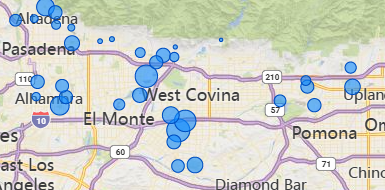 A map with blue circles indicating locations around areas like Pasadena, West Covina, El Monte, and Pomona, with highways marked.