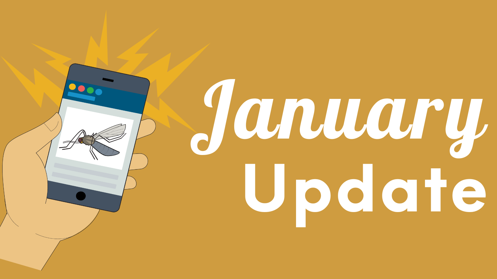 A hand holding a phone displaying a mosquito, with the words "January Update" on a gold background.