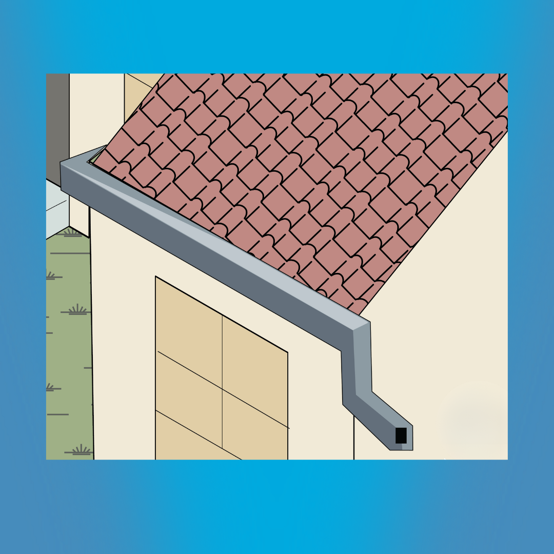 Illustration of a corner of a building with a red tile roof and a gutter system.