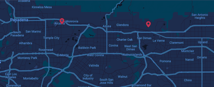 A map showing locations near Pasadena and Monrovia, California, with two marked points.