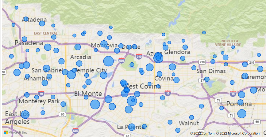 Map showing regions around Los Angeles with blue circles, possibly indicating points of interest or data locations.