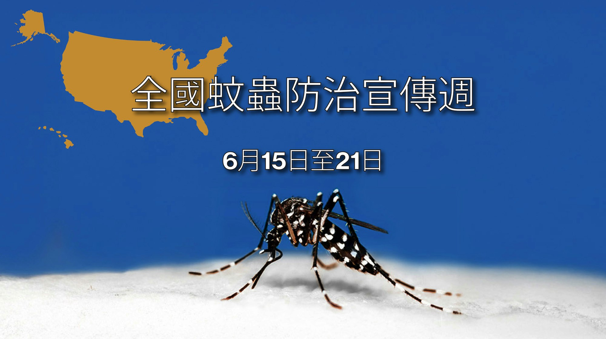 Map of the US, a mosquito, and Chinese text about National Mosquito Control Awareness Week, June 15-21.