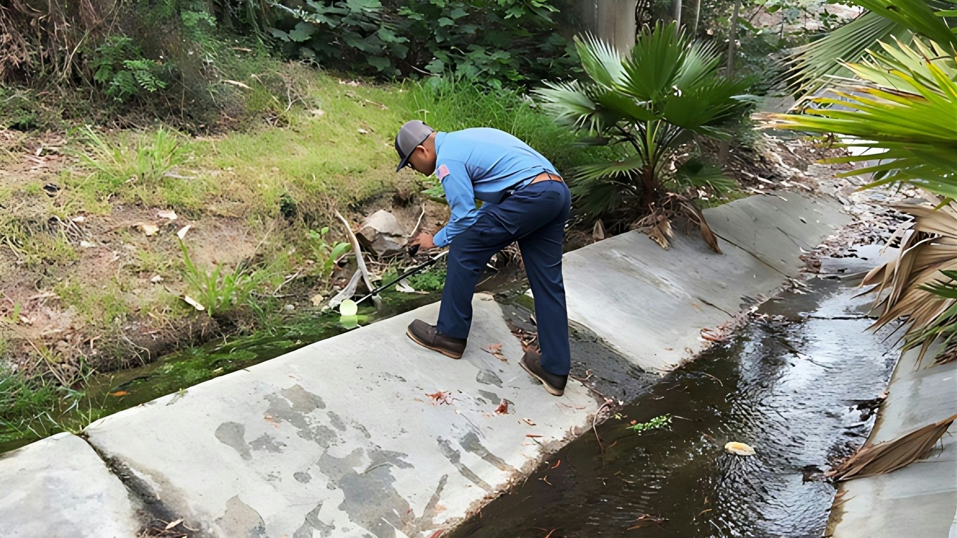 A person in a blue uniform leans over a small concrete water channel, possibly inspecting or collecting something from it.