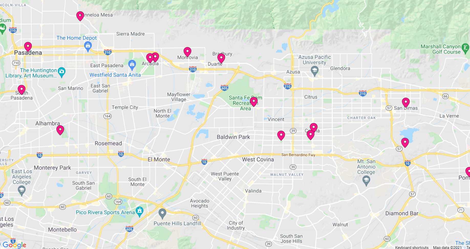 The image shows a map of several locations in and around Pasadena, California, marked with pins.