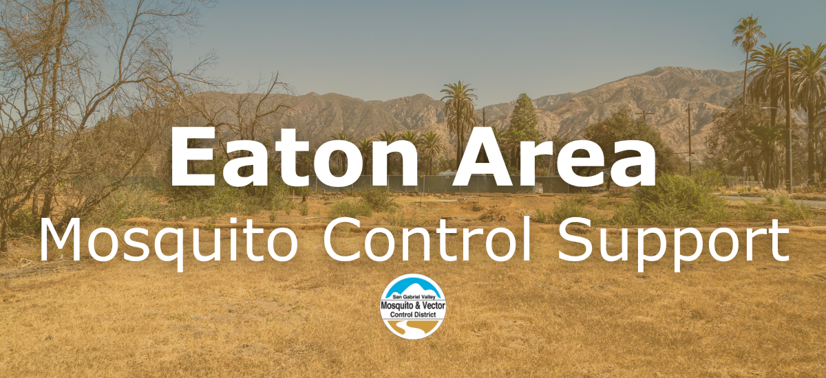 The image promotes mosquito control support in the Eaton area, featuring a scenic outdoor backdrop.