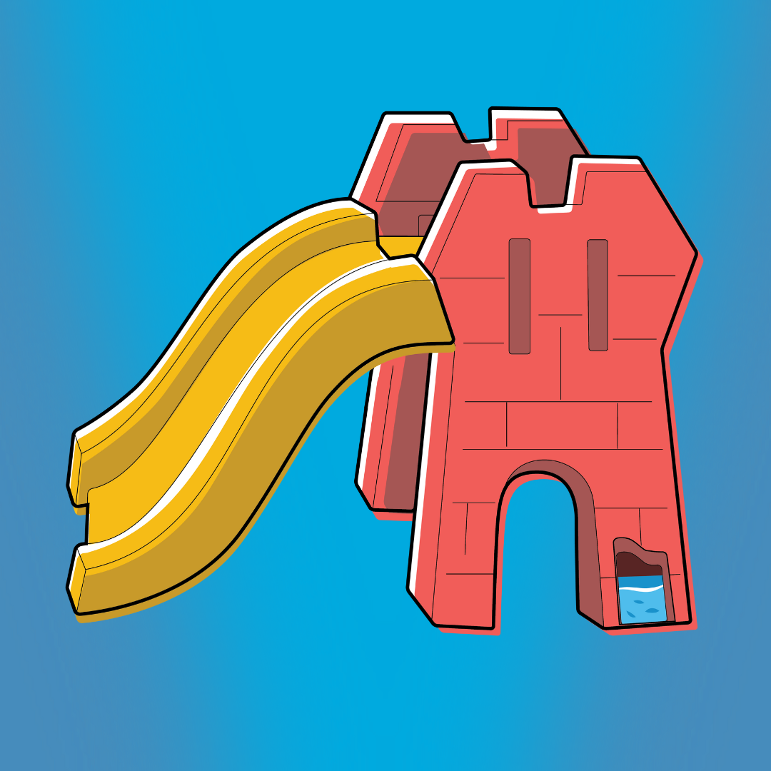 Illustration of a red play castle with a yellow slide against a blue background.