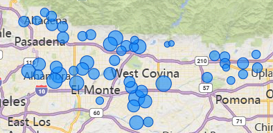 A map showing clusters of blue dots around Pasadena, West Covina, and Pomona, with highways and city names labeled.