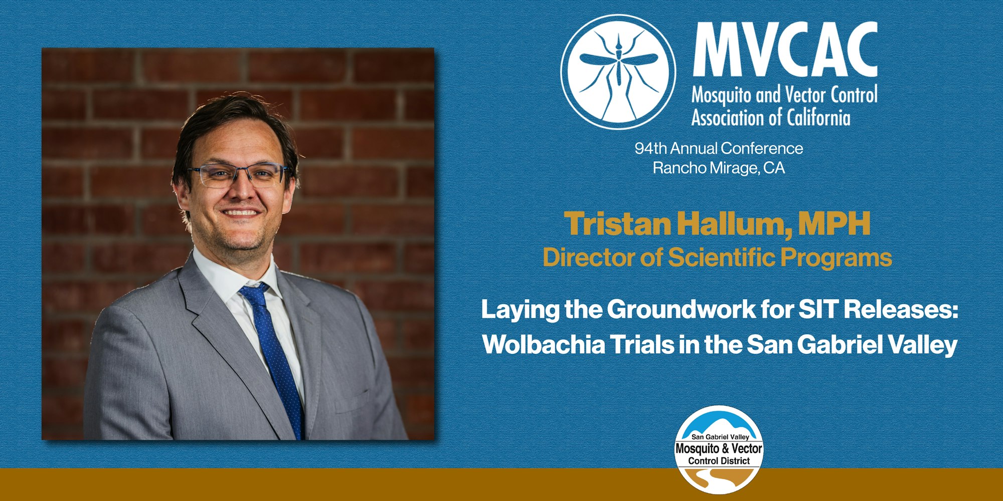 Image features Tristan Hallum, MPH, discussing Wolbachia trials at the 94th MVCAC conference in Rancho Mirage, CA.