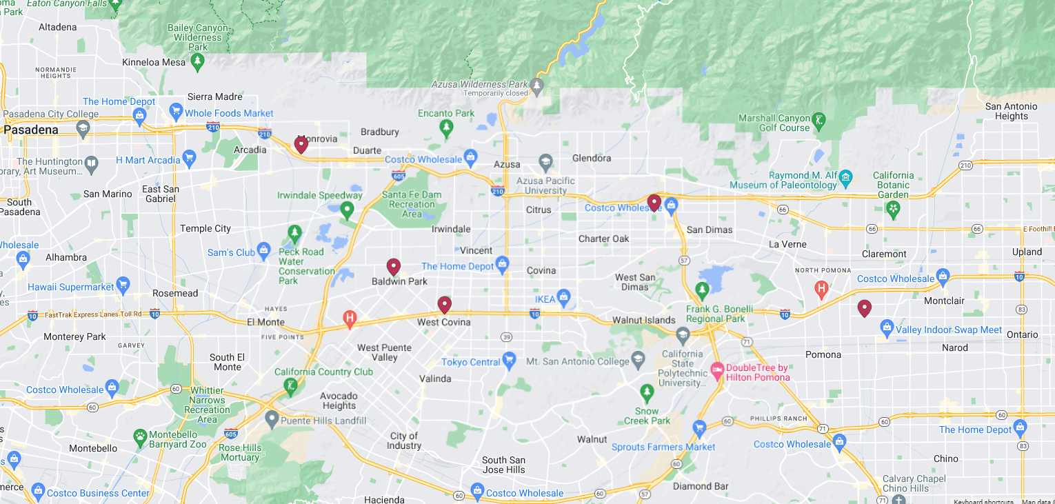 A map featuring Pasadena, Arcadia, and surrounding cities with various labeled spots and highways in California, USA.