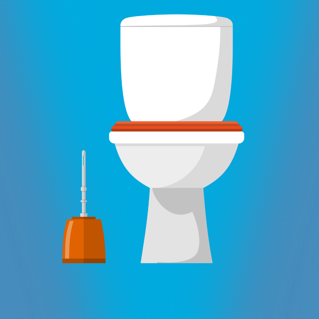 An illustration of a white toilet with an orange toilet brush on a blue background.