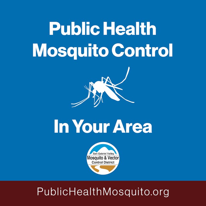 Public health mosquito control advertisement with a mosquito illustration and website link.