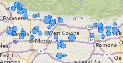 A map showing blue circles over areas including Pasadena, West Covina, Pomona, and nearby cities, possibly indicating data points or locations.