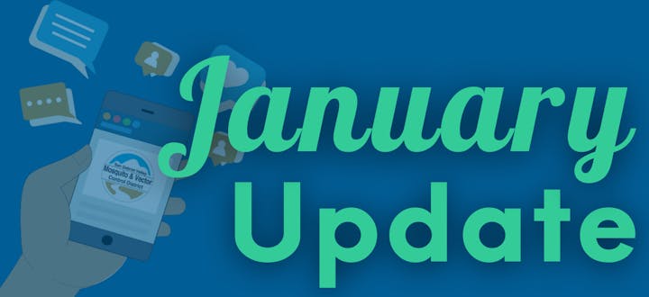 The image features a "January Update" graphic with a smartphone displaying the San Gabriel Valley Mosquito & Vector Control District logo and chat bubbles.