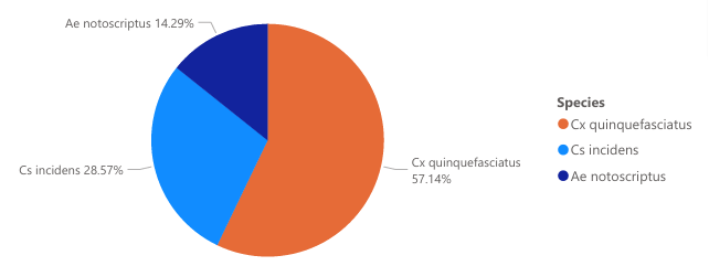 Pie chart showing species distribution: Cx quinquefasciatus 57.14%, Cs incidens 28.57%, Ae notoscriptus 14.29%.