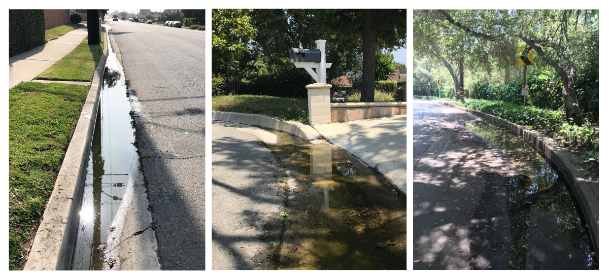 Three scenes of suburban areas with water puddles on the ground reflecting the surroundings.