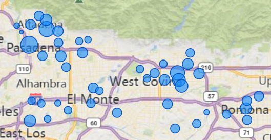 Map showing blue circles over the Los Angeles area, highlighting locations in Pasadena, El Monte, and Pomona.