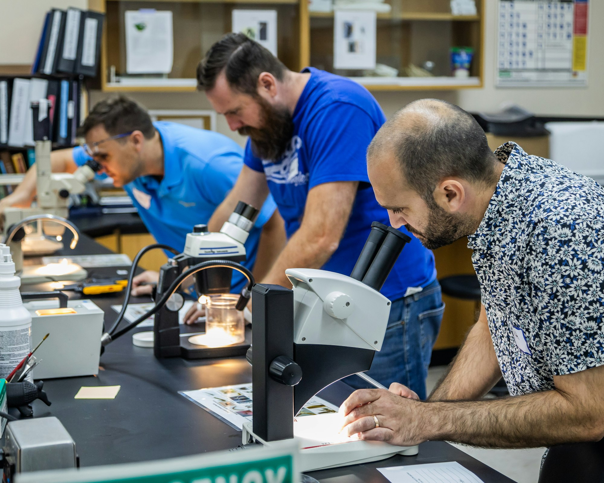 Three men are working at a lab table, examining samples through microscopes in a scientific setting.