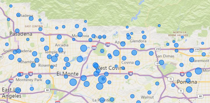 The image shows a map of Los Angeles County with blue circles representing specific data points or locations.
