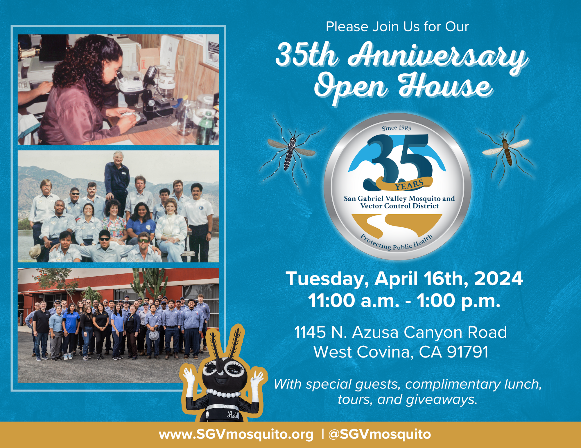 An invitation to a 35th Anniversary Open House event with photos, details, and mosquito illustrations.