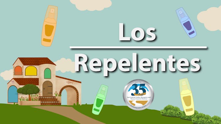 An illustration with insect repellents, a house, and the words "Los Repelentes" with a logo celebrating 35 years of vector control.