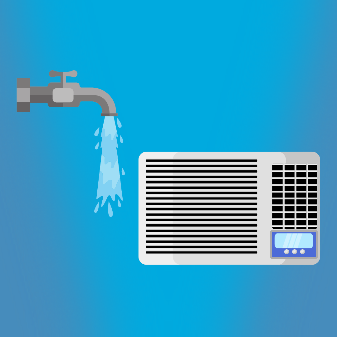 A tap with running water and an AC unit against a blue background.