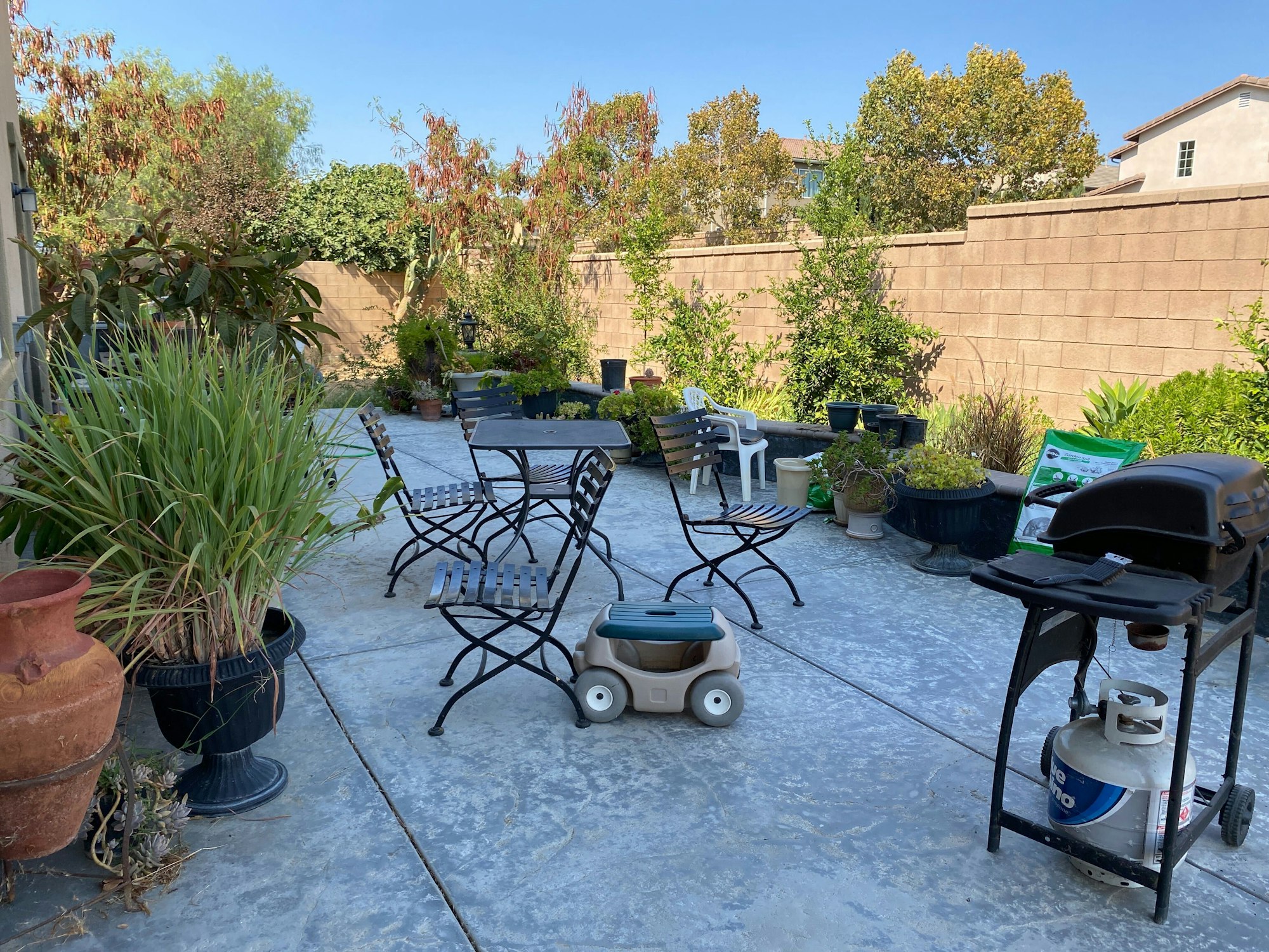 A spacious backyard patio with seating, plants in pots, a grill, and a sunny blue sky adds a peaceful vibe.