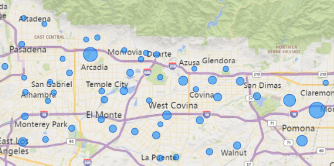 The image is a map showing various locations in California, marked with blue circles that likely represent data points or areas of interest.