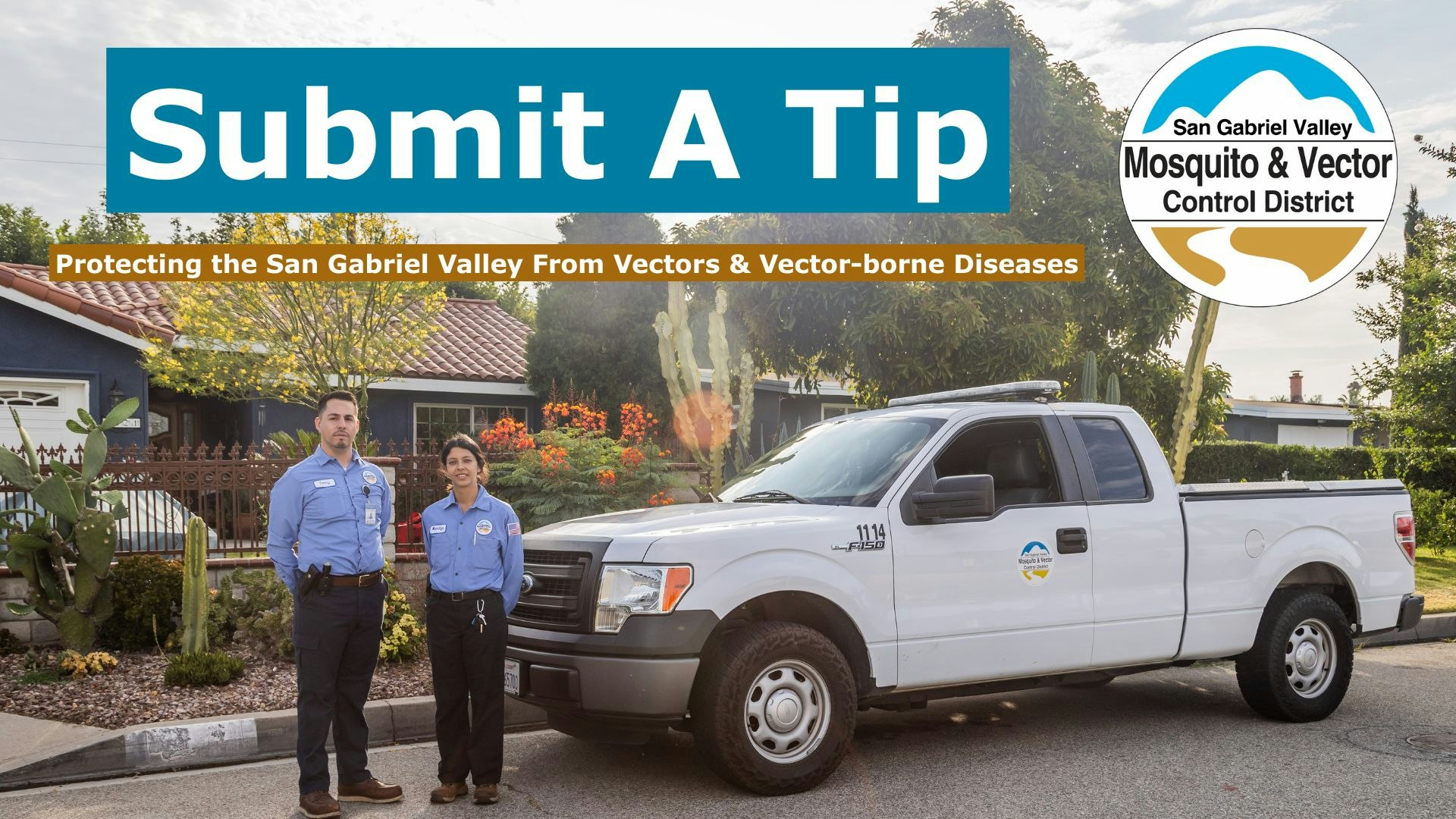 Two people in uniform beside a truck promoting San Gabriel Valley Mosquito & Vector Control District's tip submission.