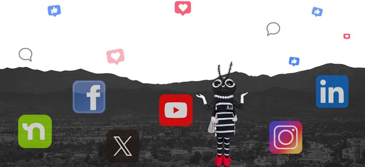 A cartoon character dressed uniquely stands in front of mountains, with various social media icons floating around.