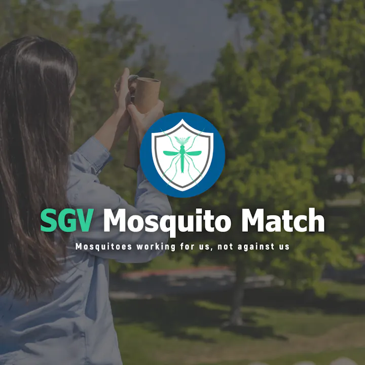 The image promotes "SGV Mosquito Match," highlighting a mission to make mosquitoes beneficial, not harmful, with a logo and nature backdrop.