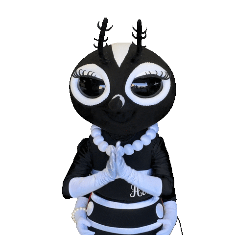 An animated ant character, large eyes, wearing a striped shirt, a pearl necklace, and gesturing with its hands.