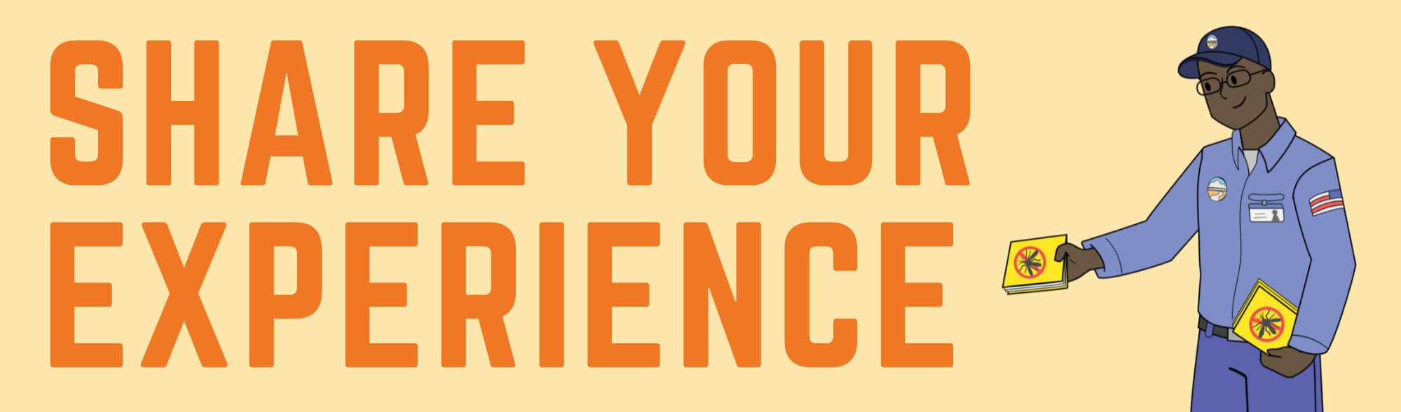 An illustration encouraging people to share their experiences, featuring a person handing out materials.