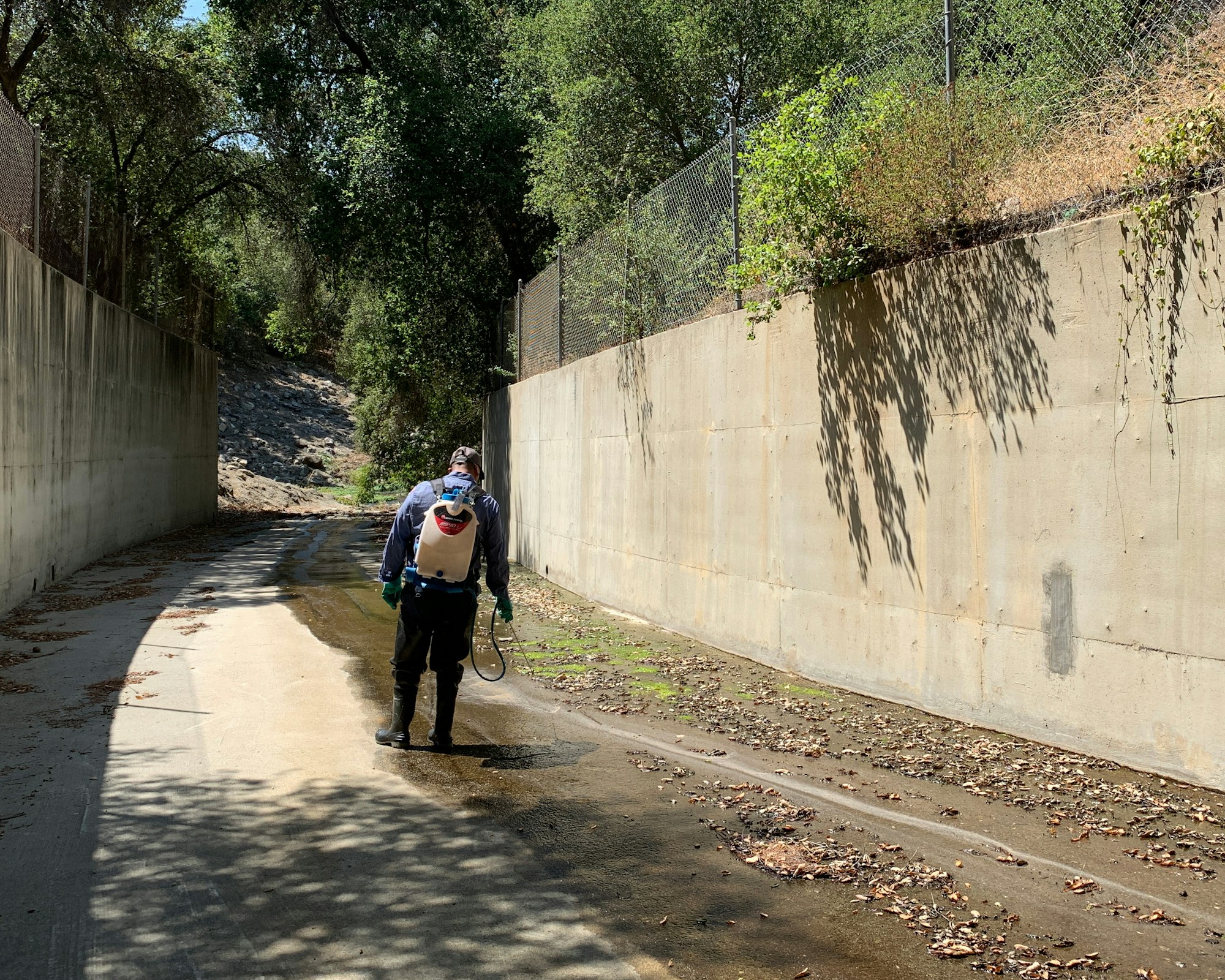 A person with a backpack sprayer walking through a dry concrete channel surrounded by trees and shadows.