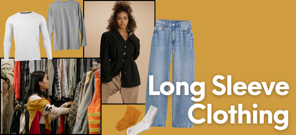 Collage of long sleeve tops, jeans, a woman shopping, a model in a black coat, and text "Long Sleeve Clothing."