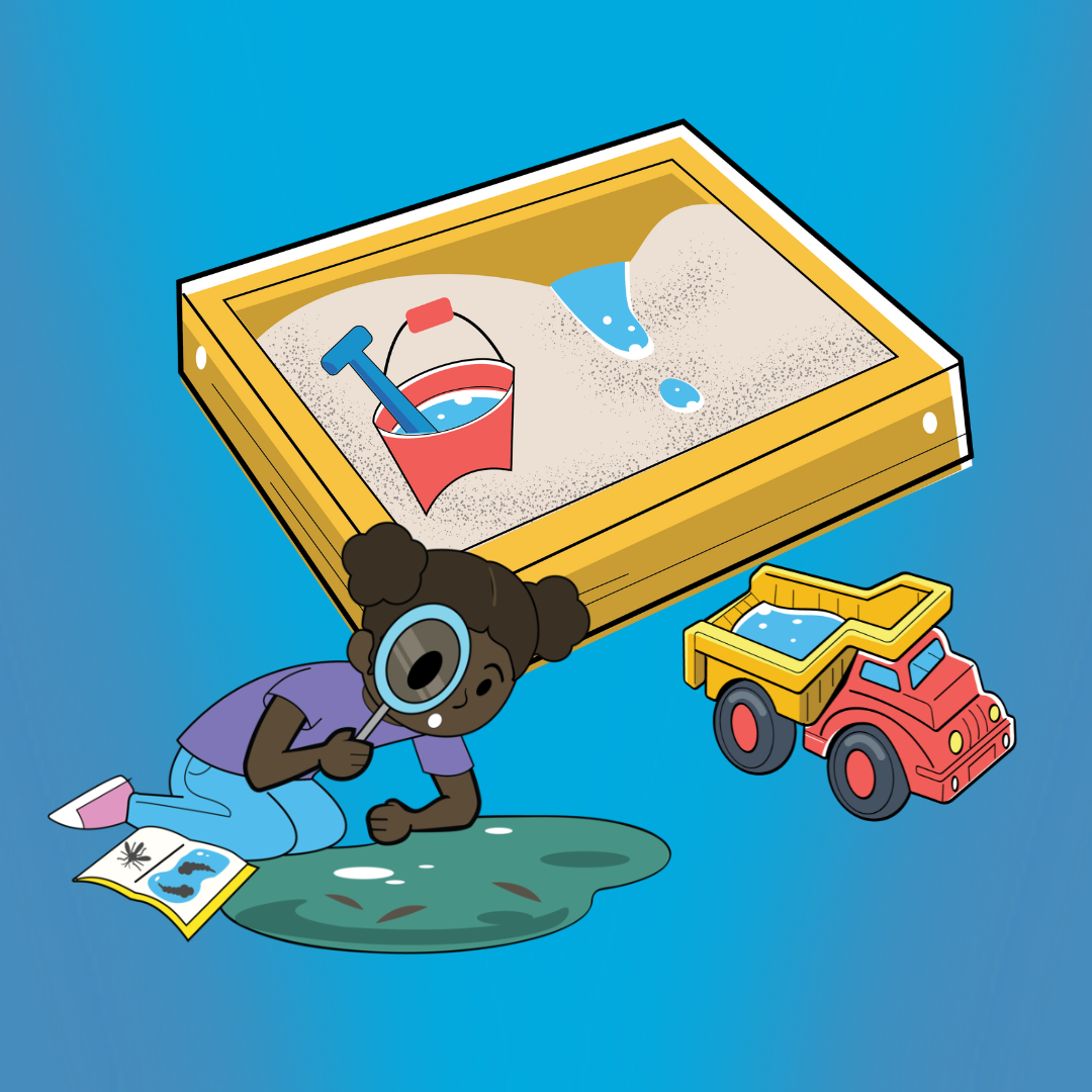 A cartoon of a child with a magnifying glass, a sandbox, a toy truck, and a bucket with a shovel.