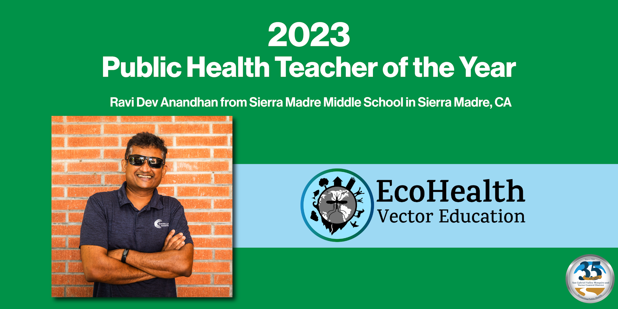 A poster announcing the 2023 Public Health Teacher of the Year, with a man smiling, graphics, and text details.