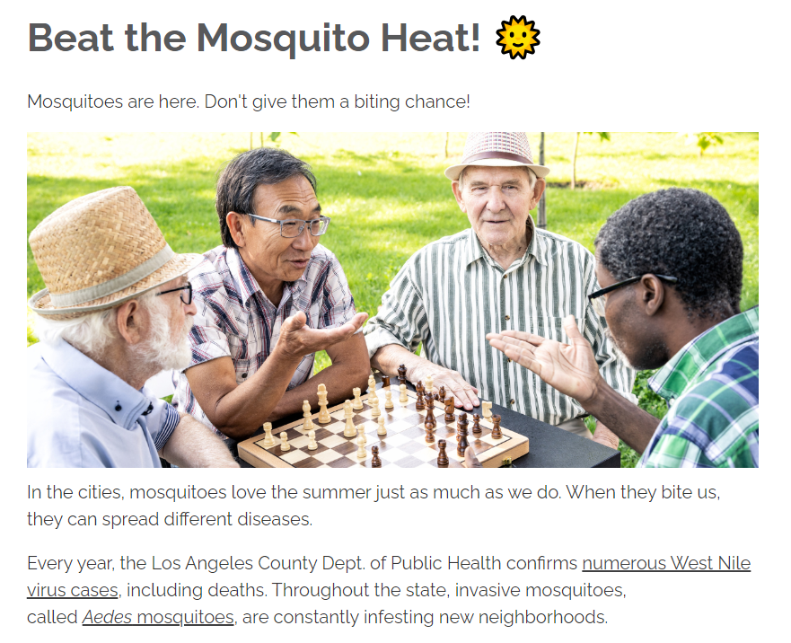 Four people of varying ethnicities playing chess in a park, with a message about mosquito prevention.