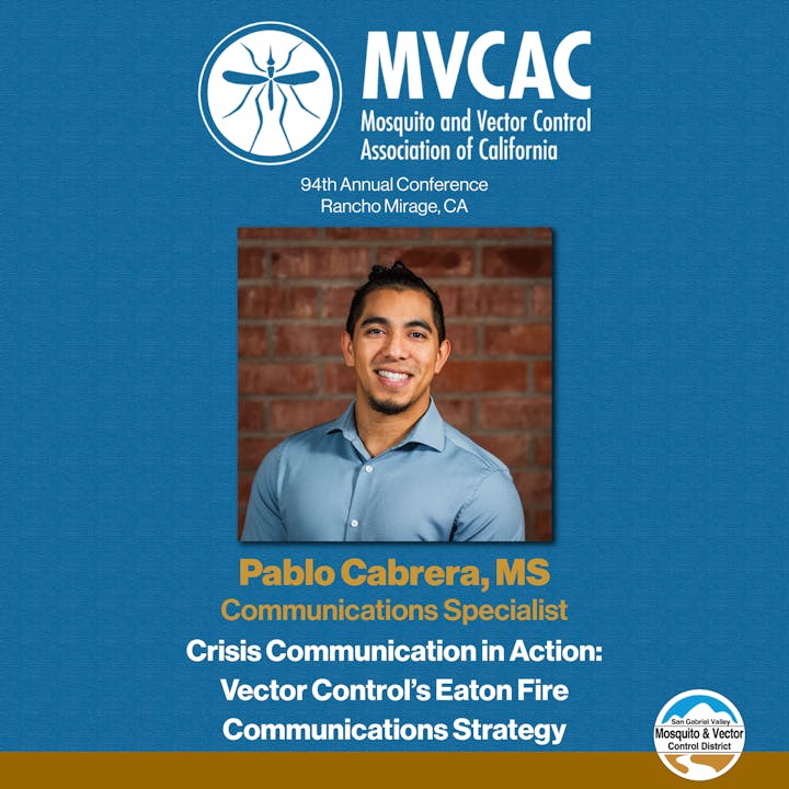 The image displays a conference announcement featuring Pablo Cabrera, a communications specialist, discussing crisis communication strategies.