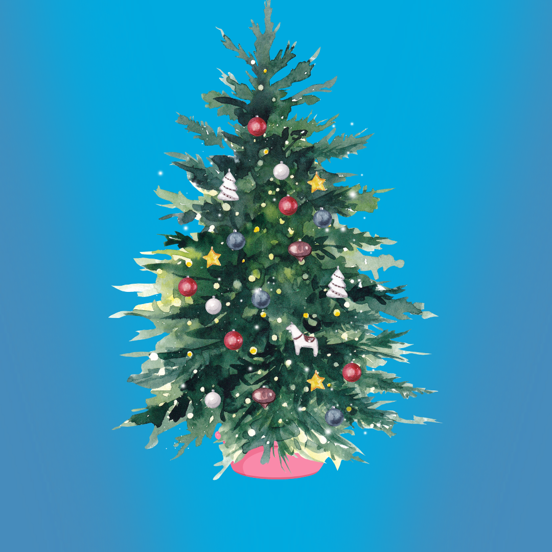 Illustrated Christmas tree with festive ornaments and lights on a blue background.