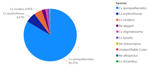 Pie chart showing species distribution: Cx quinquefasciatus 83.57%, Cx erythrothorax 6.27%, Cs incidens 4.97%, others smaller.