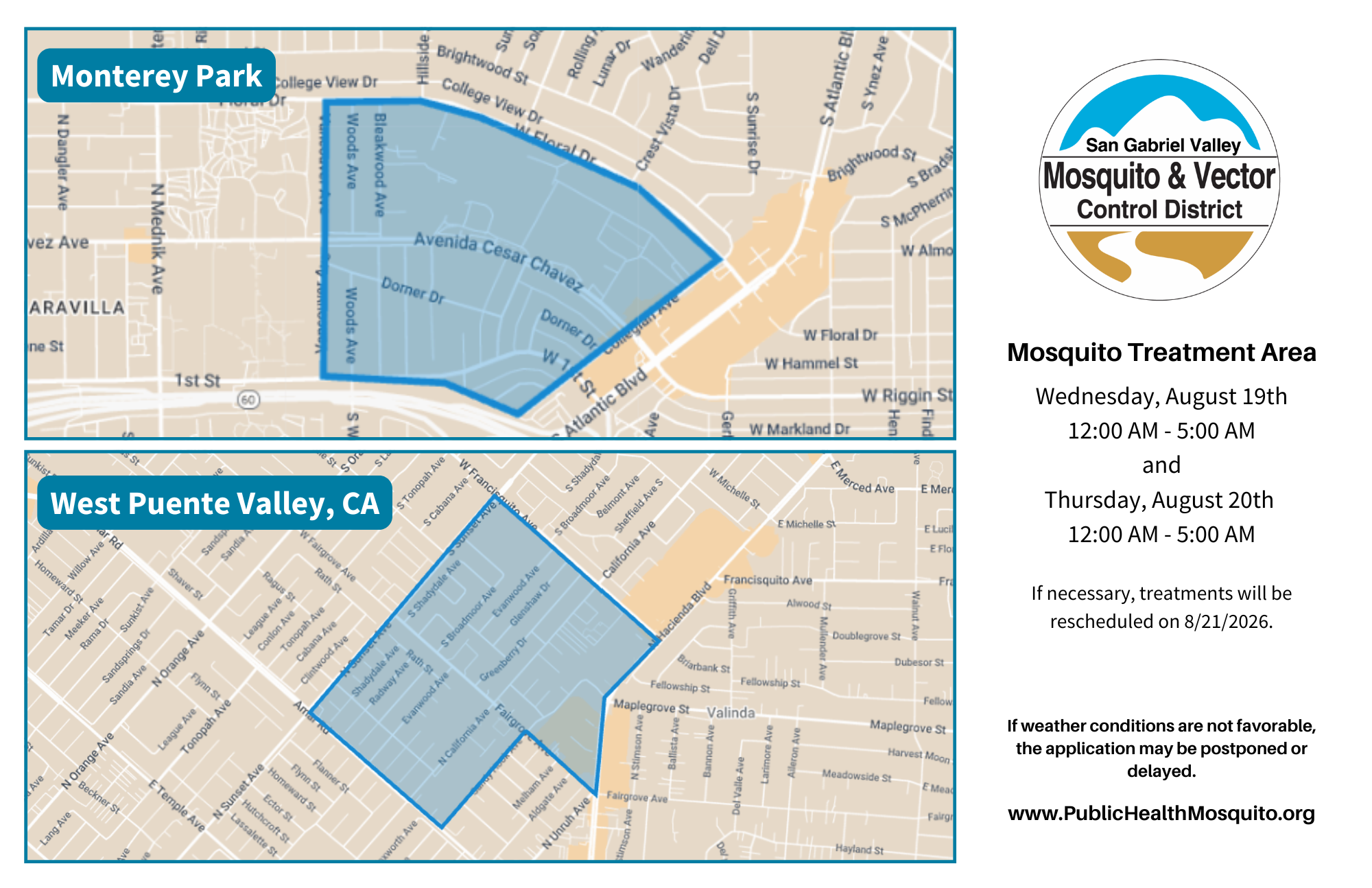 The image shows mosquito treatment areas in Monterey Park and West Puente Valley, CA, scheduled for Aug 19-20, 12 AM-5 AM.