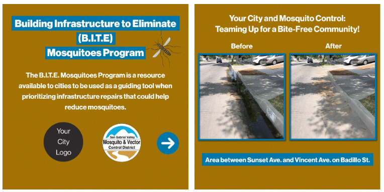 A brochure for a mosquito control program with before-and-after photos of an area treated to reduce mosquitoes.