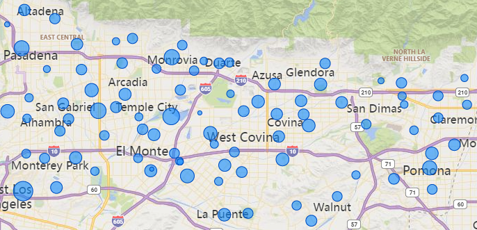 A map with blue markers, possibly indicating locations or data points, near cities like Pasadena and West Covina.