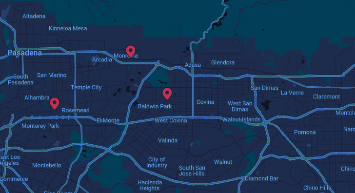 The image shows a dark map highlighting locations in the Los Angeles area, particularly Pasadena, Baldwin Park, and Monrovia.