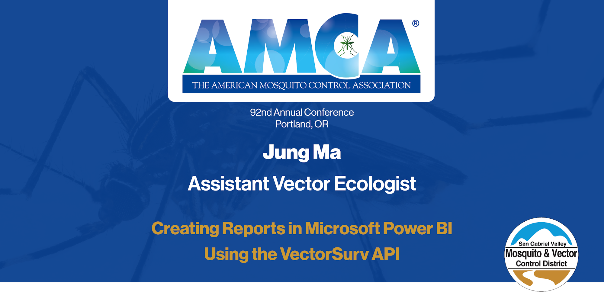 The image features the title slide for a presentation at the AMCA conference by Jung Ma on using VectorSurv API with Power BI.