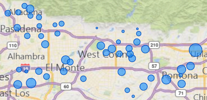 The image shows a map of an area near Los Angeles with blue dots indicating specific locations or data points.