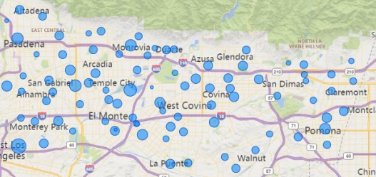 A map with blue markers, likely indicating locations or points of interest, around the San Gabriel Valley near Los Angeles, California.