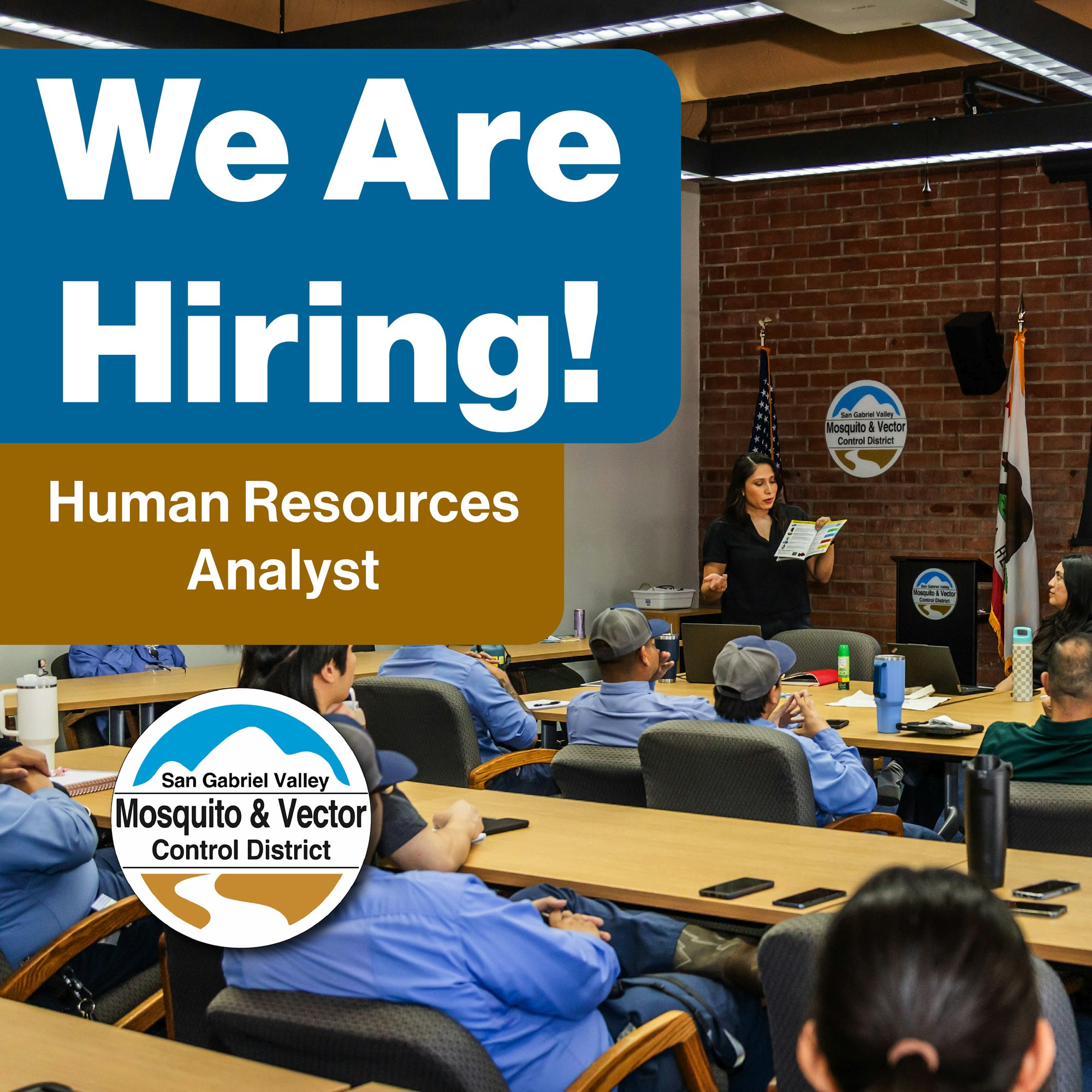 The image announces a job opening for a Human Resources Analyst at the San Gabriel Valley Mosquito & Vector Control District.