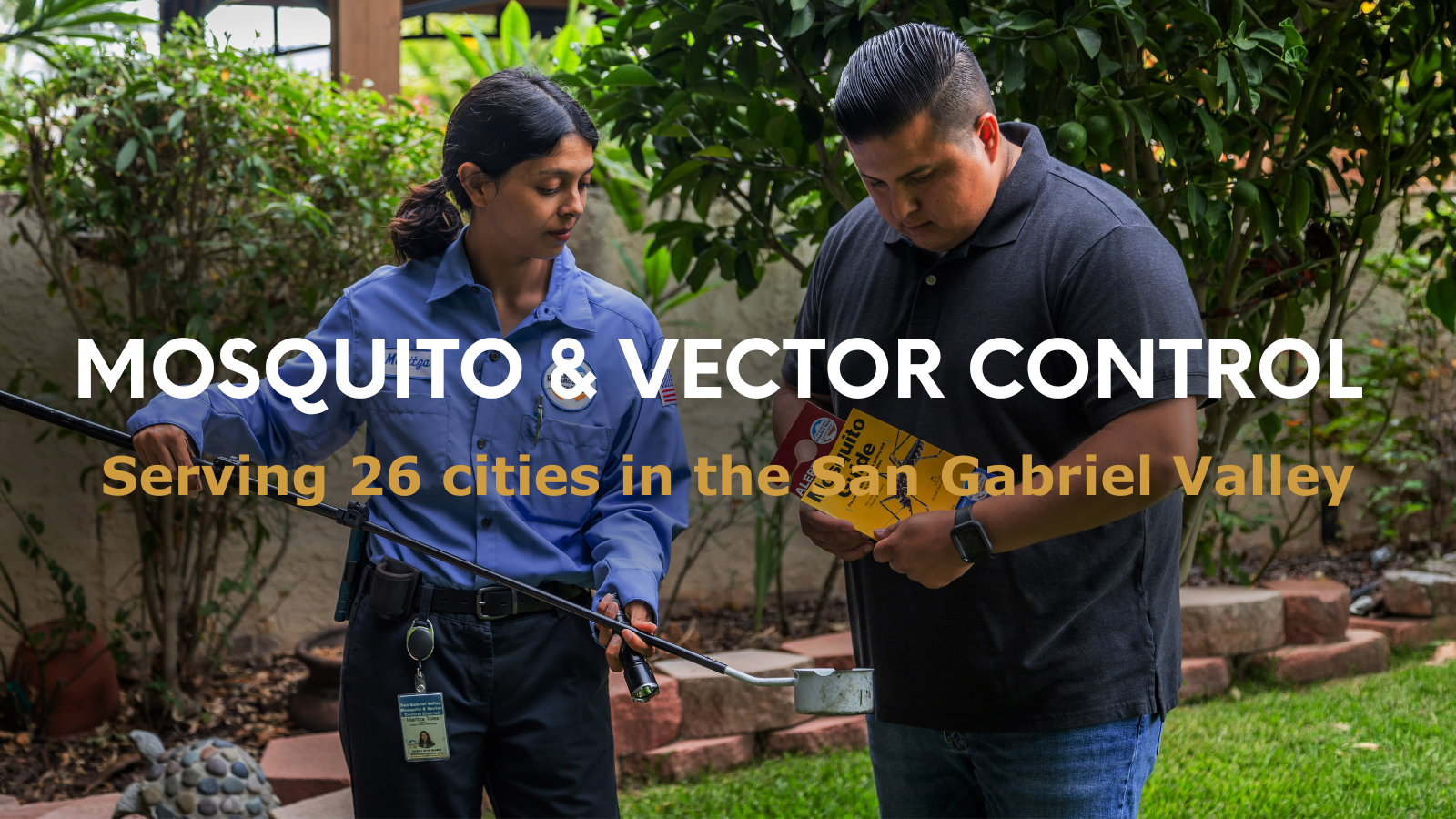 The image features a mosquito control service in the San Gabriel Valley, with two people discussing vector control methods.